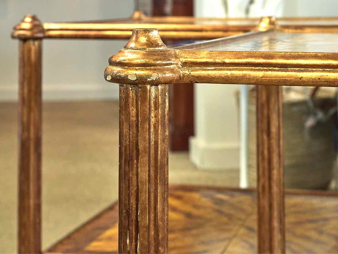 Pair of Gilded Square Side Tables on Casters with Decorative Top and Shelf