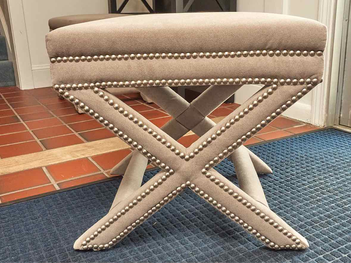 Pair of Grey Velvet X Base with Nickel Nailhead  Benches