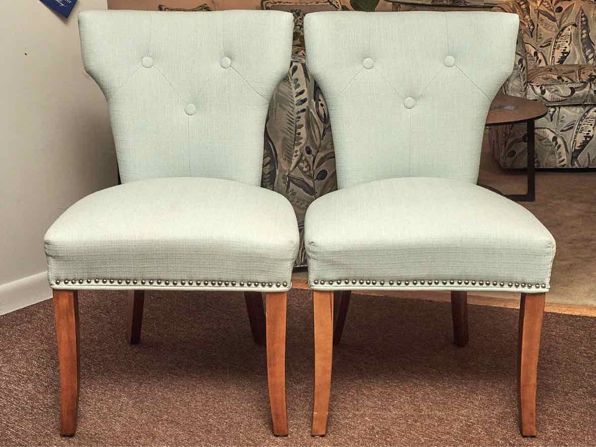Pair Of Home Dec Far East Inc 'Robin's Egg Blue Upholstered Chrome Legs Chairs