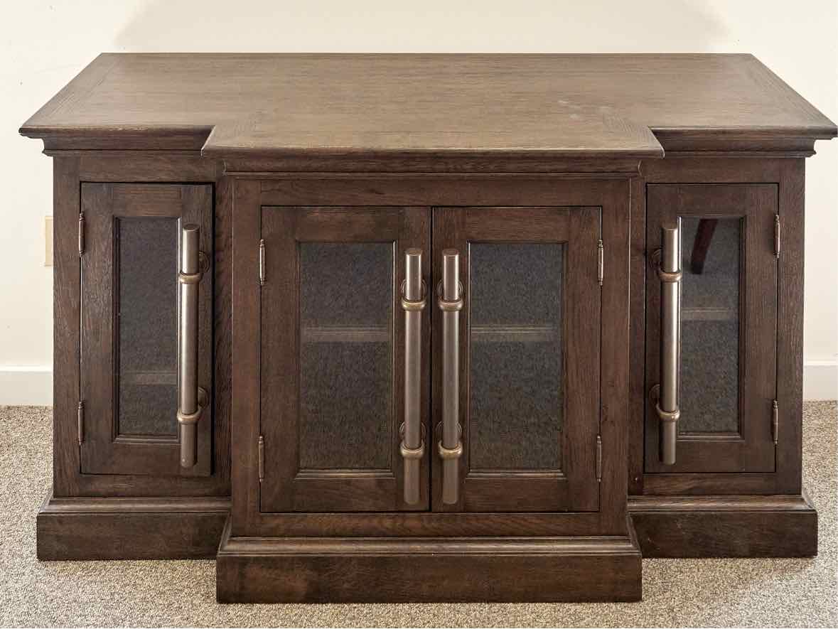 RH Brass Pull Bar Media Console w/Glass Doors & Dark Wood Finish