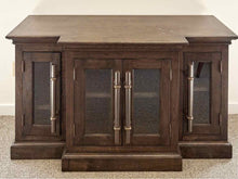 RH Brass Pull Bar Media Console w/Glass Doors & Dark Wood Finish