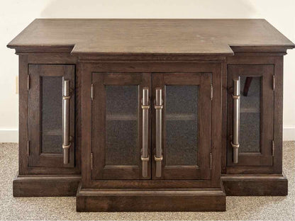 RH Brass Pull Bar Media Console w/Glass Doors & Dark Wood Finish