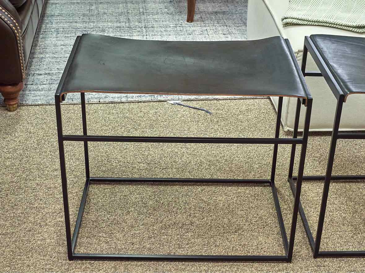 Pair of Blue Dot 'Common ' Black Leather  Stools with Metal Legs