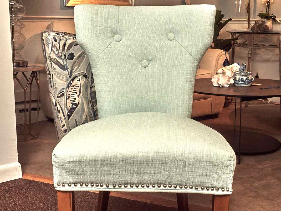 Pair Of Home Dec Far East Inc 'Robin's Egg Blue Upholstered Chrome Legs Chairs