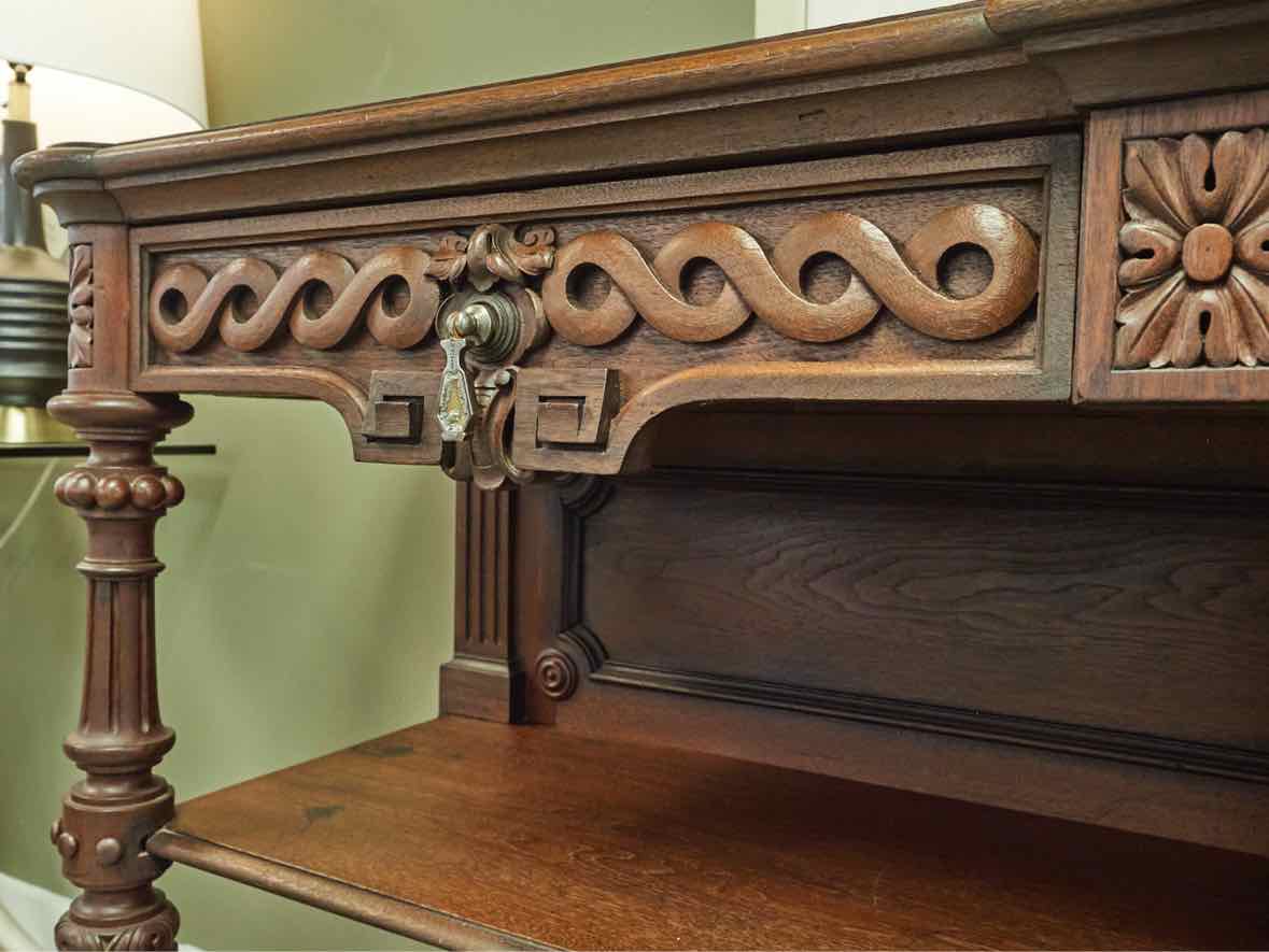 Carved Walnut Open Server with Drawers, Pewter Pulls and Two Shelves