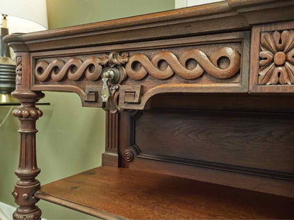 Carved Walnut Open Server with Drawers, Pewter Pulls and Two Shelves