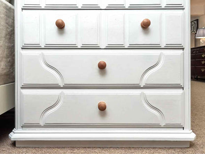 White Finish 5 Drawer Chest with Natural Wood Knobs