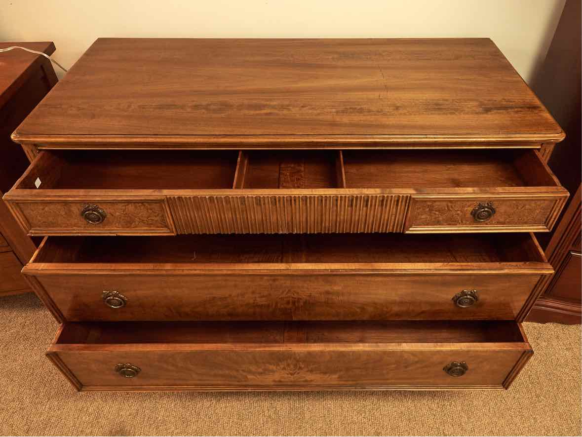 Walnut 3 Drawer Dresser with Burled Wood & Carving