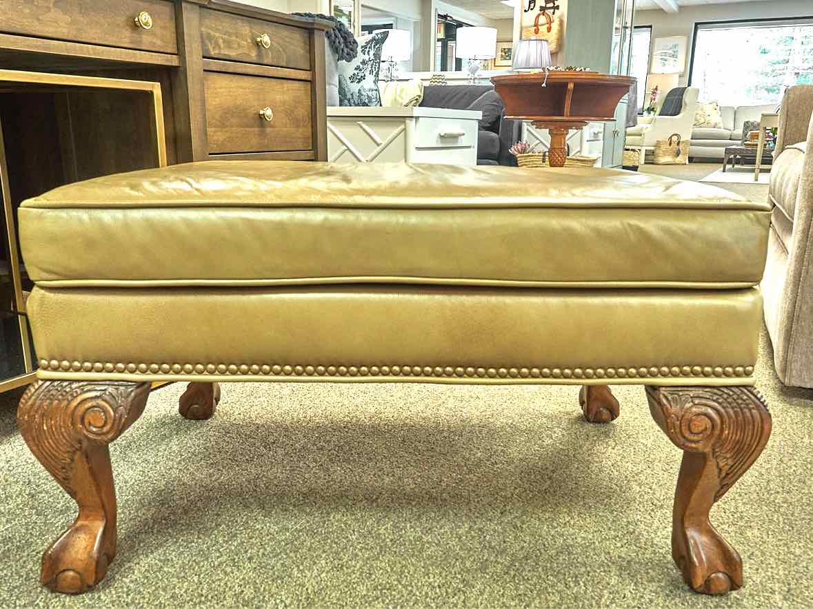 Ethan Allen Taupe Leather Ottoman