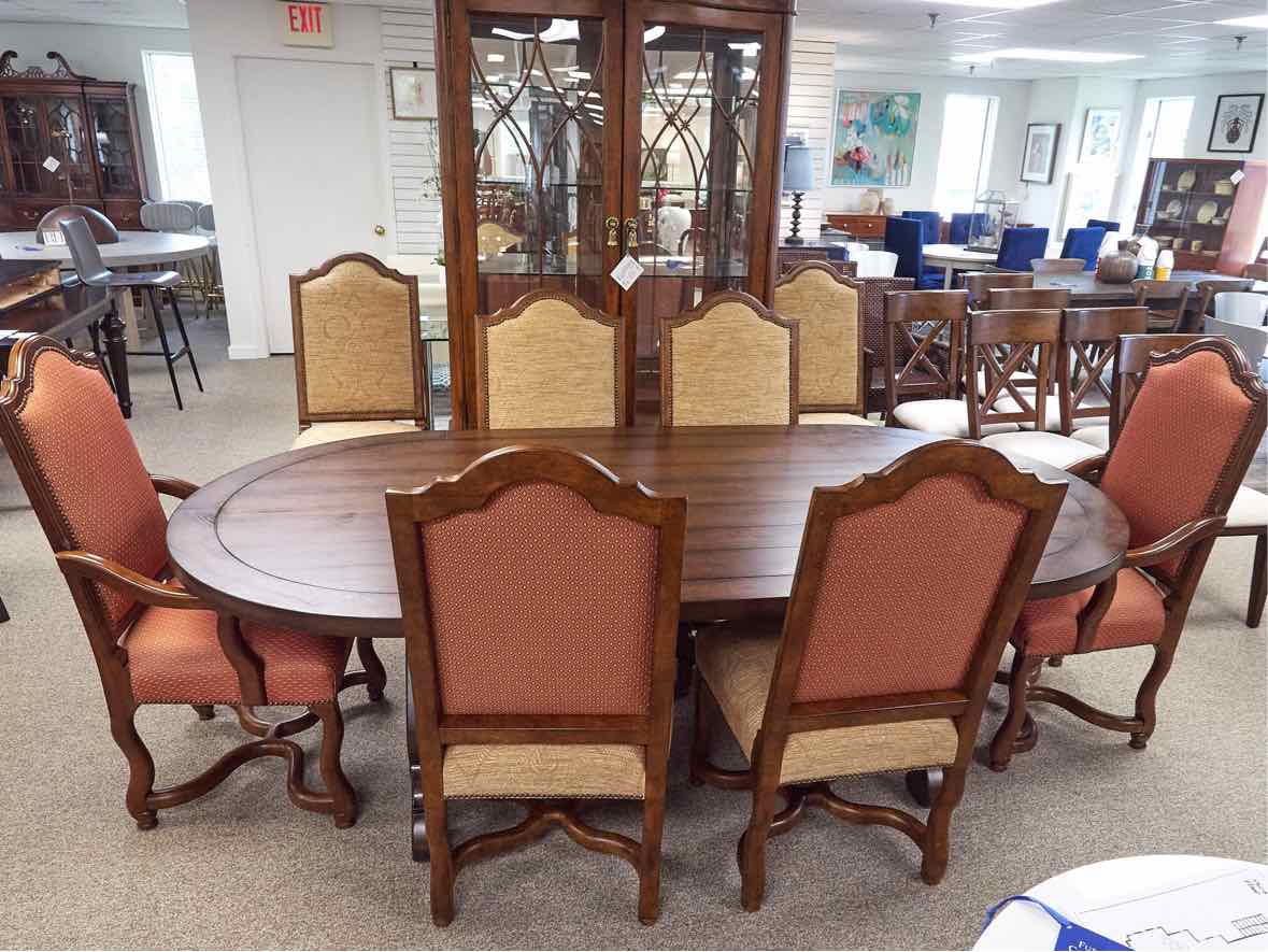 Wood Paneled Dining Table & 8 Fabric Dining Chairs w/ Nail Head Trim