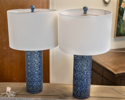 Pair of Embossed Blue Column Table Lamps with White Drum Shades