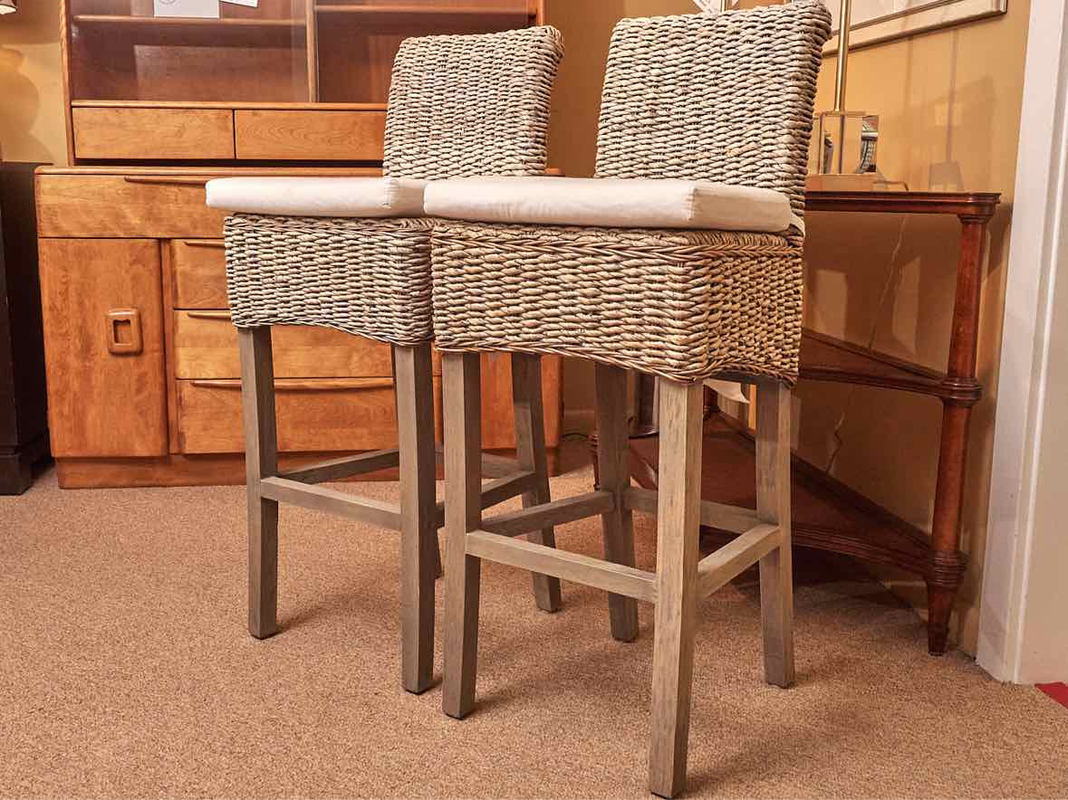 Pair Of Banana Leaf Washed Bar Stools With Cushions