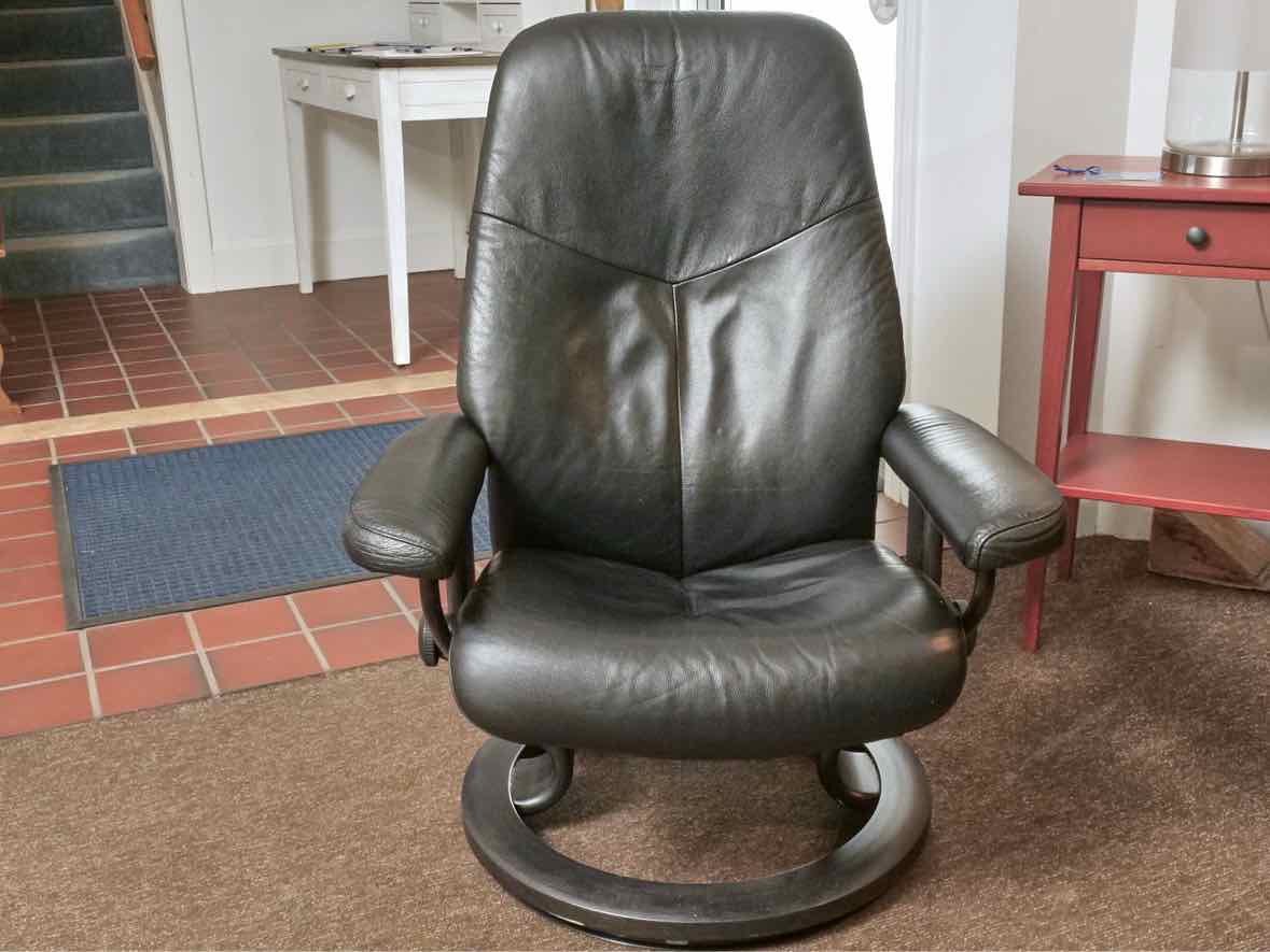 Ekornes Black Leather Stressless Arm Chair  & Ottoman
