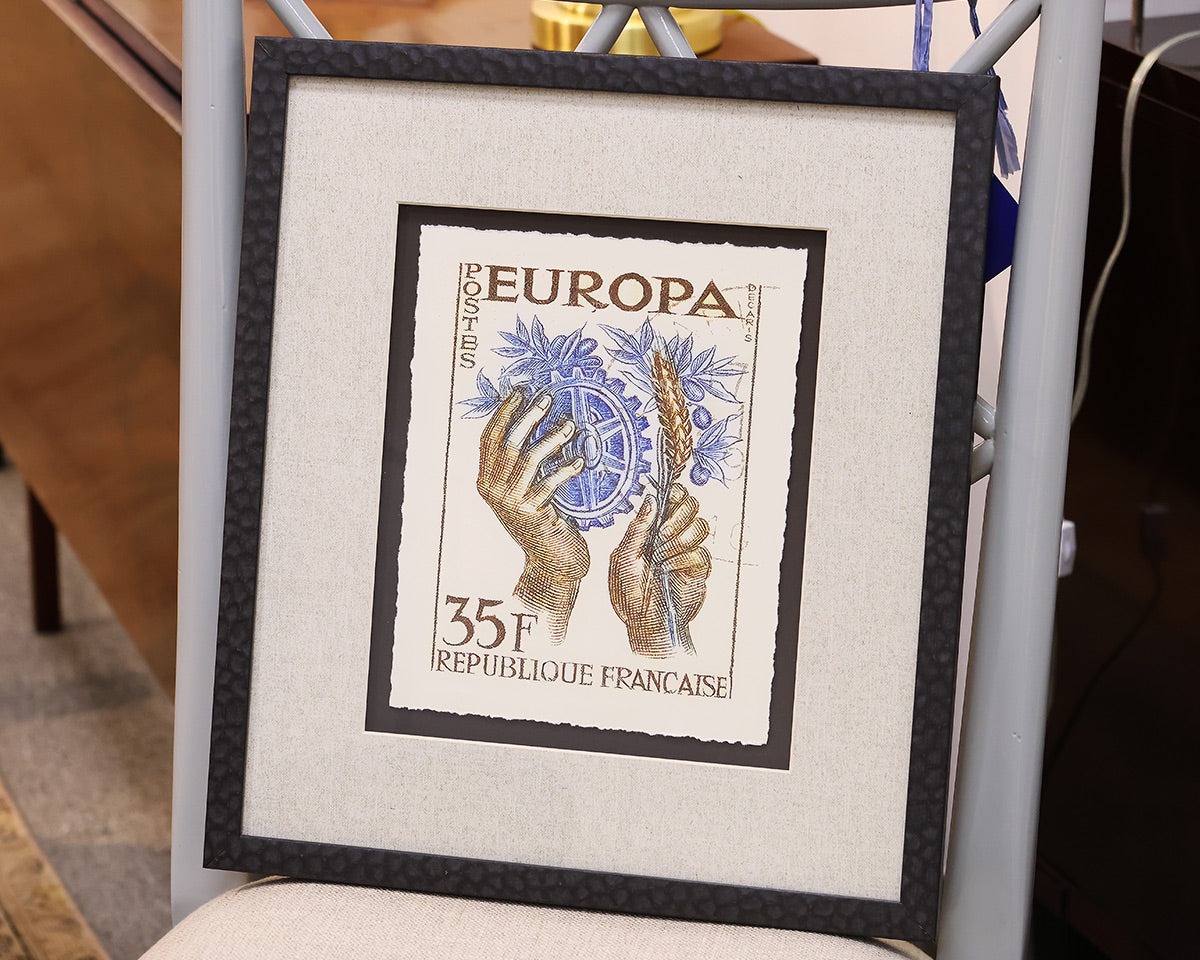 "Vintage Stamp II A" Matted Print in Textured Black Frame