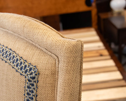 Pair of  Upholstered Burlap  Host & Hostess Carved Arm Dining Chairs