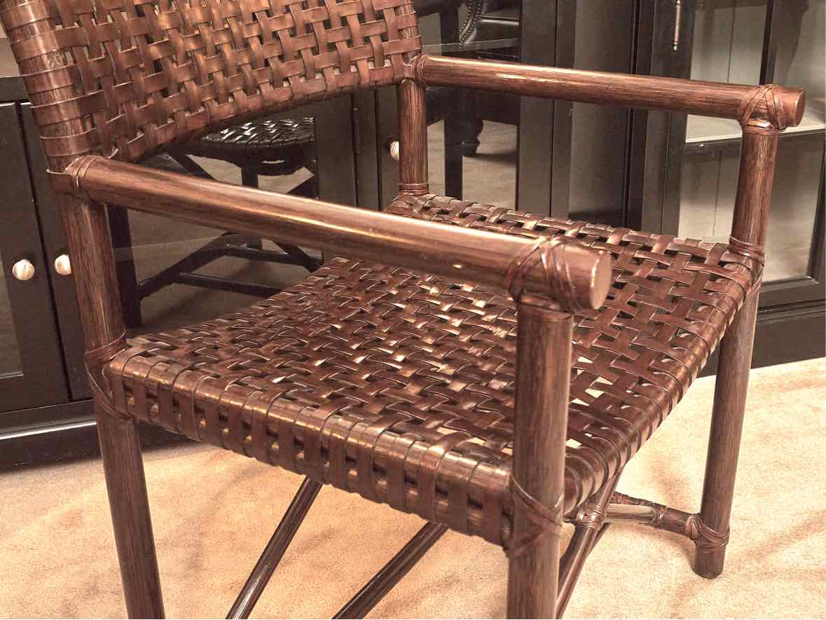 Pair of McGuire 'Antalya' Laced Rawhide In Dark Tobacca Finish Arm  Chairs