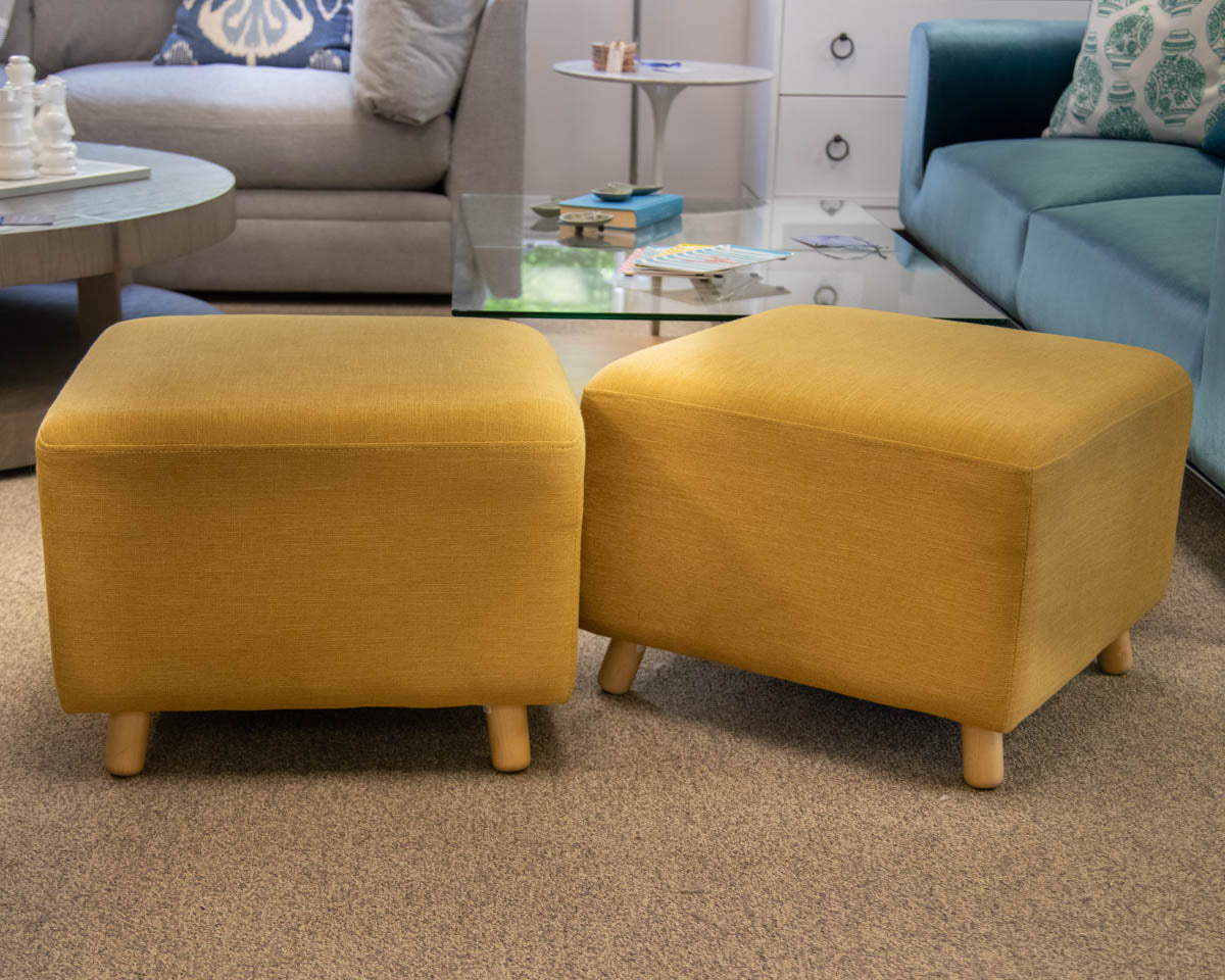 Pair of Square Linen Ottomans in Goldenrod on Maple Legs