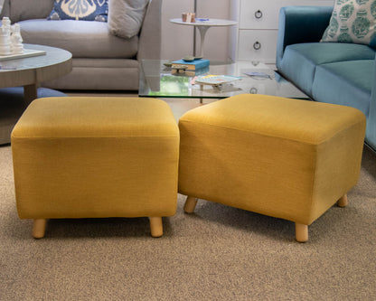 Pair of Square Linen Ottomans in Goldenrod on Maple Legs