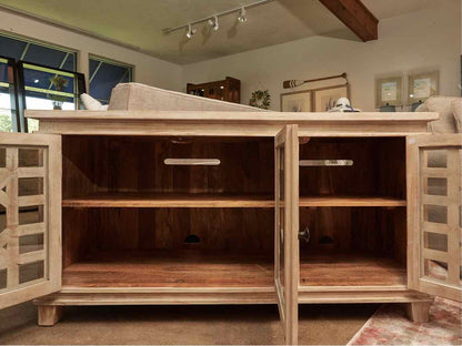 Distressed Rustic  White Finish 3 Glass Door Media Furniture
