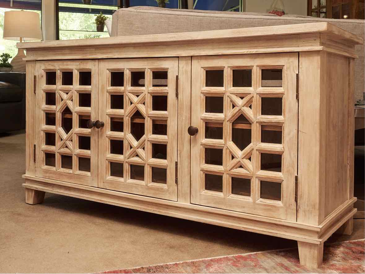 Distressed Rustic  White Finish 3 Glass Door Media Furniture