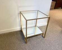 Antique Gold Side Table W/ Glass Top & Mirrored Shelf