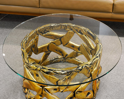 Round Glass Top Cocktail Table With Brutalist Gold Base