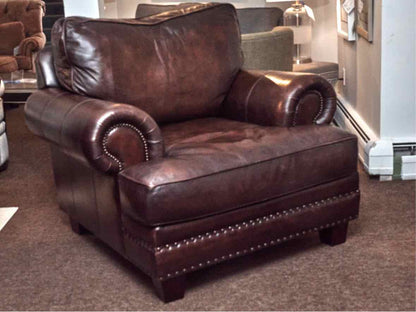 Bernhardt Brown Bonded Leather With Nailhead Trim Chair & Ottoman