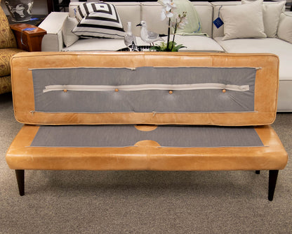 Button Tufted Bench in Chamois Color Leather on Dark Tapered Legs