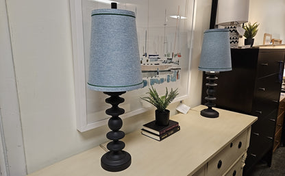 Black Base Table Lamp with Light Blue Shade