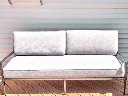 RH Gun Metal Grey Outdoor Sofa with Dove Grey Upholstered Cushions