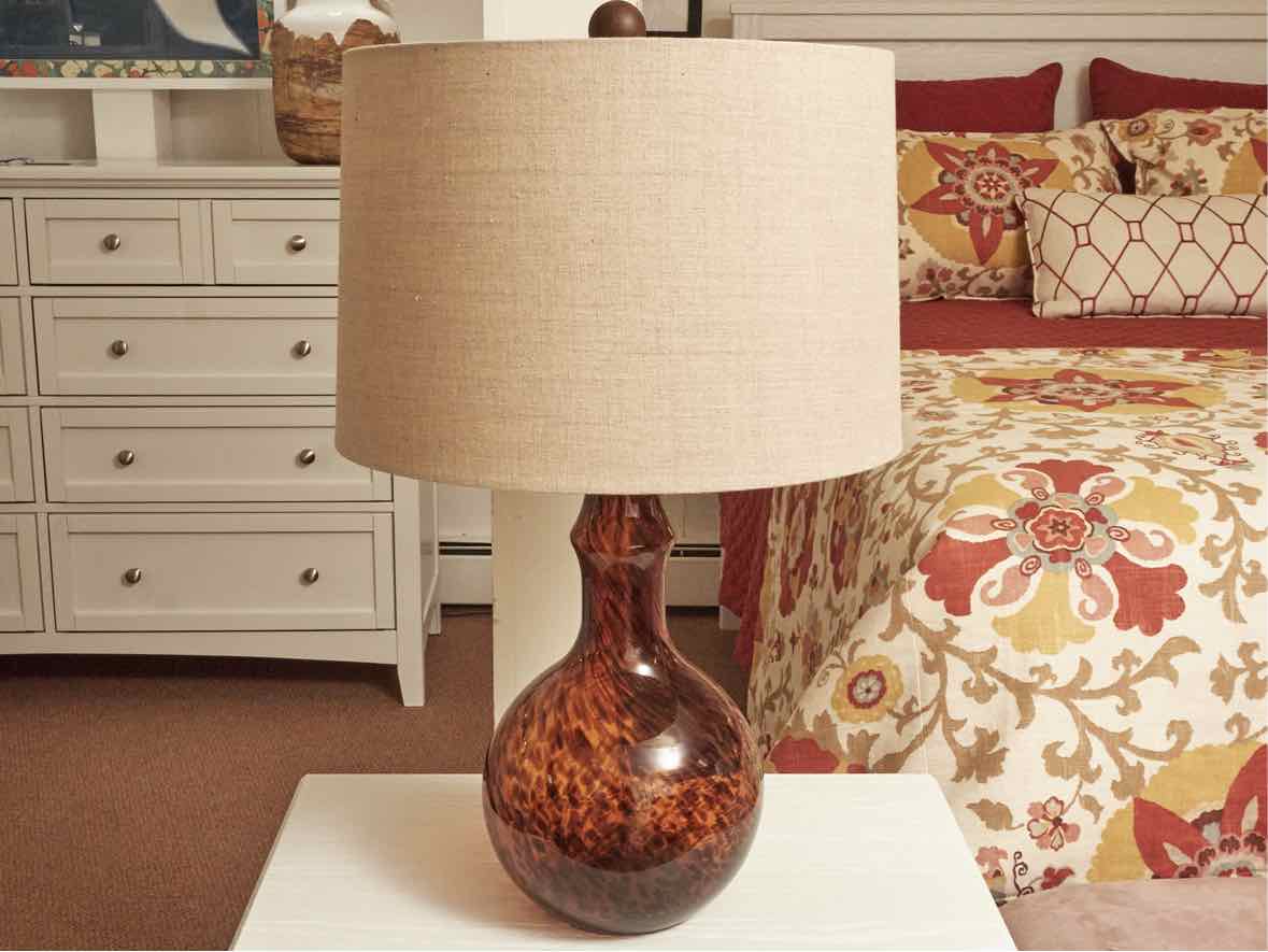 Hand Blown Sienna Amber Glass Table Lamp With Tan Linen Shade
