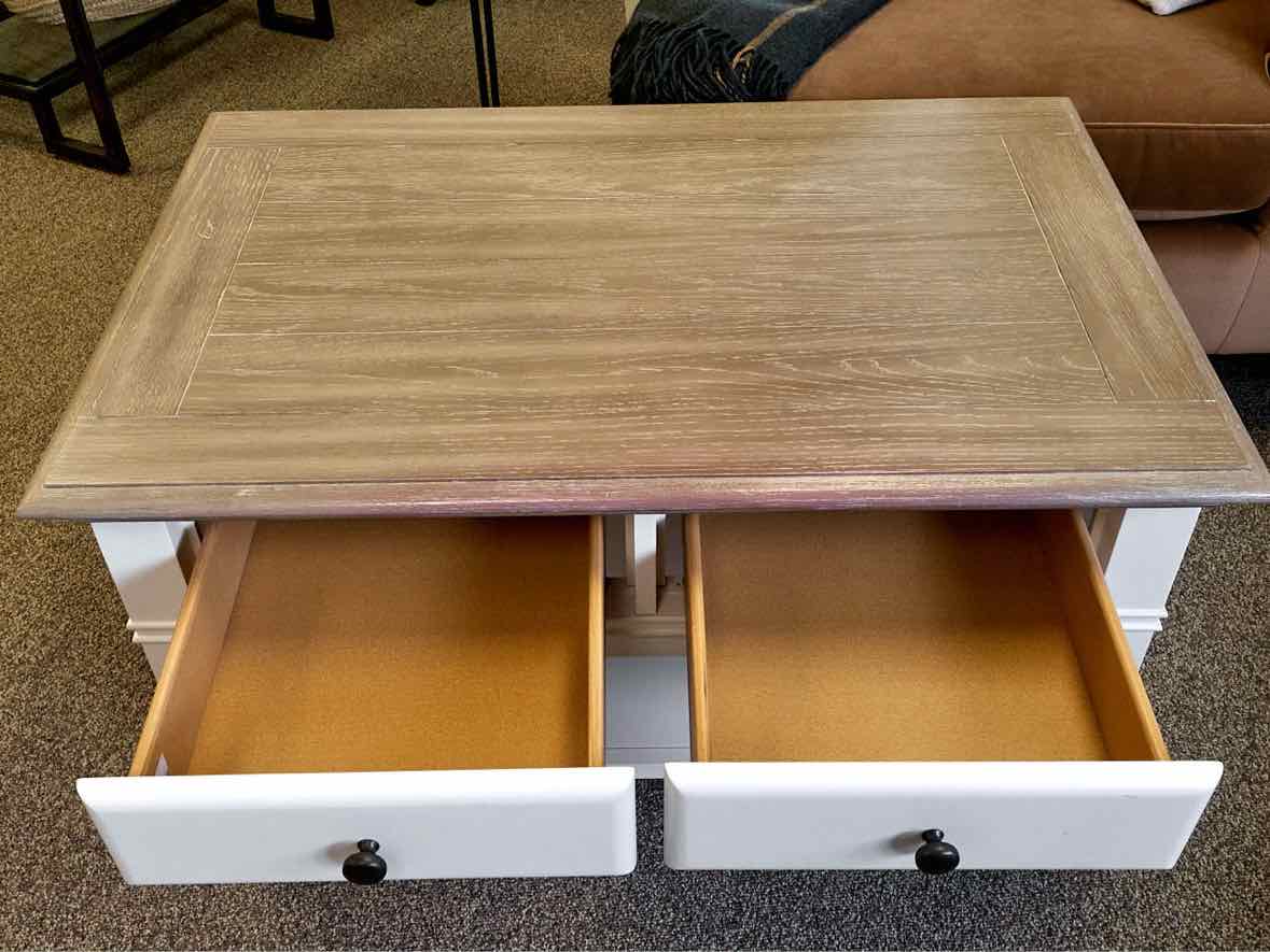 Cocktail Table on Casters with Driftwood Finish Top and White Base