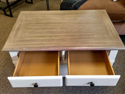 Cocktail Table on Casters with Driftwood Finish Top and White Base