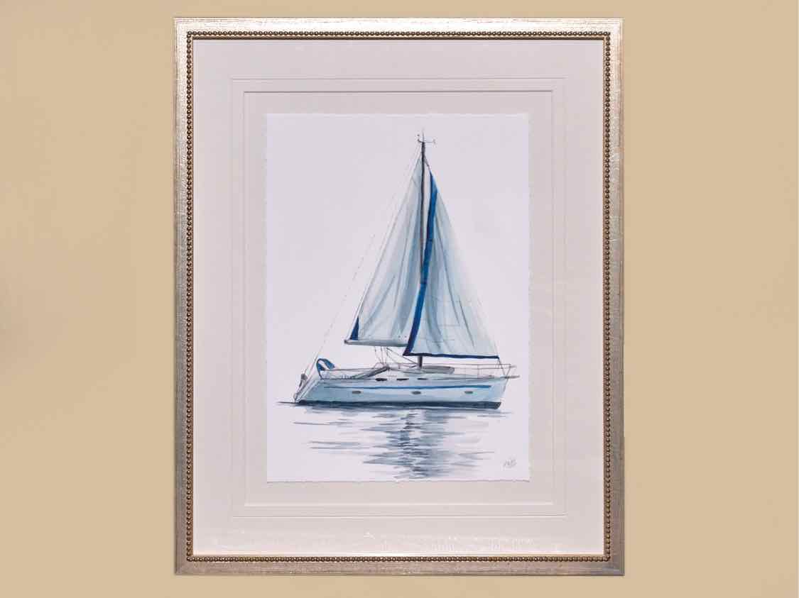 "Sailboat 1" Matted Print on Paper in Silver Beaded Frame