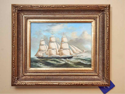 Oil Painting Of Clipper Ship in Gilt Frame