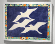 "Egrets - Flight I" Art on Decorative Paper in White Shadowbox Frame