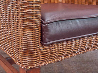 Pair of Ethan Allen' Shiloh' Wicker Arm Chairs with Bonded Leather Seat Cushion