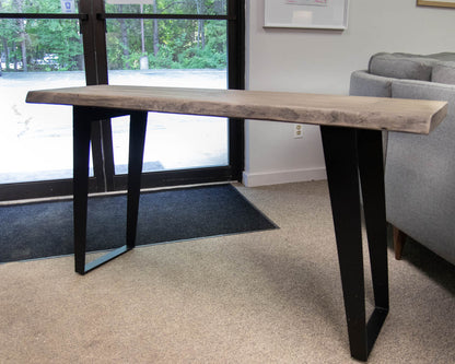 Crate & Barrel Yukon Weathered Grey Live Edge Solid Wood & Metal Console Table