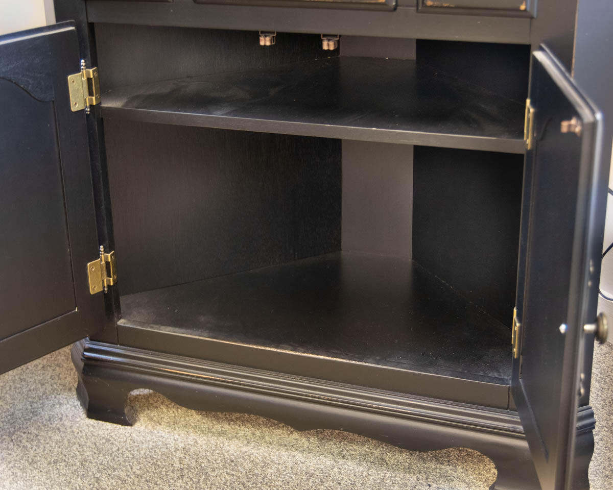 Canadel Black Distressed Corner Cabinet Featuring Glass Display Doors
