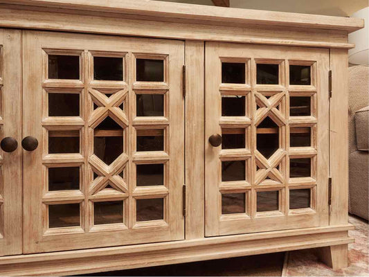 Distressed Rustic  White Finish 3 Glass Door Media Furniture