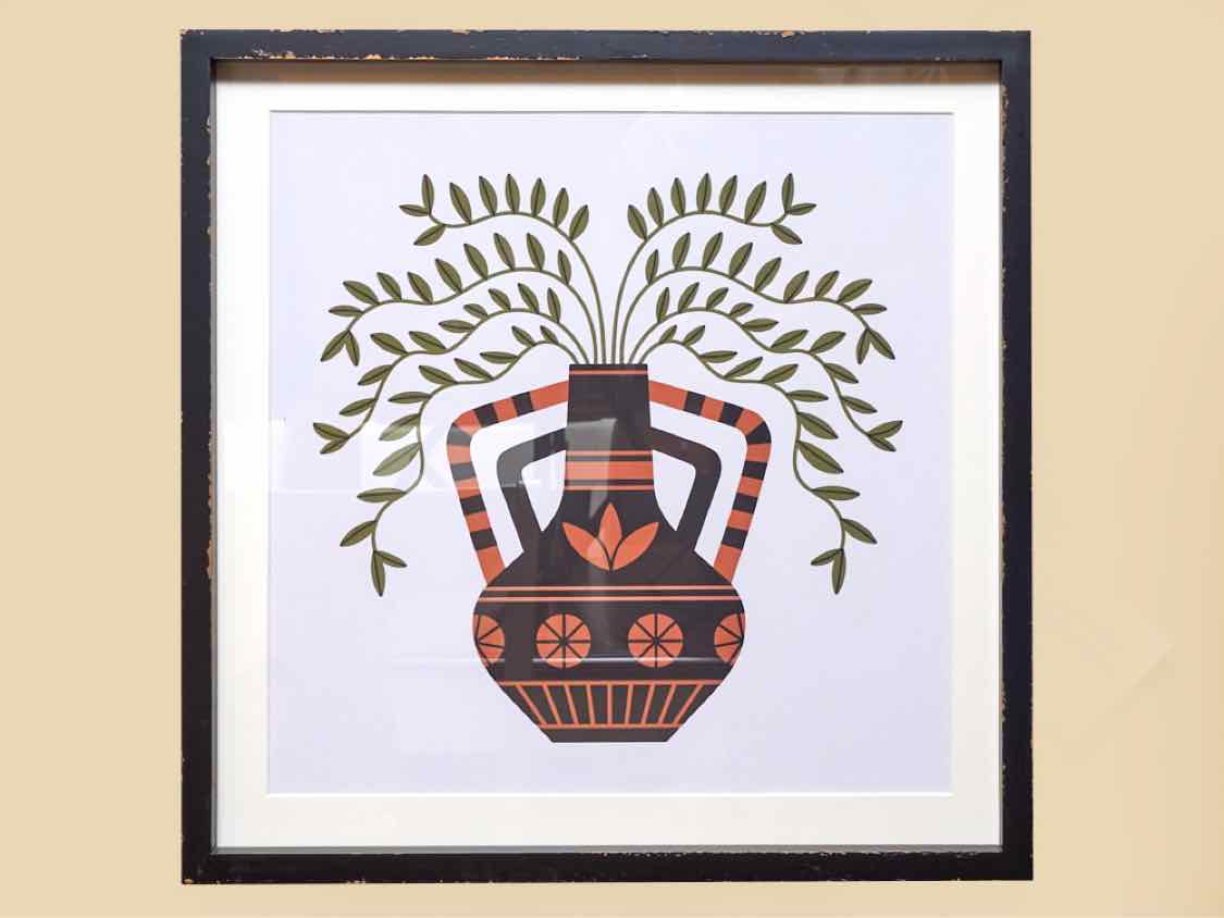 Distressed Black Framed Foliage In Vase Print Under Glass