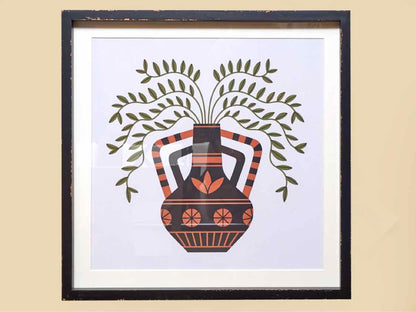 Distressed Black Framed Foliage In Vase Print Under Glass