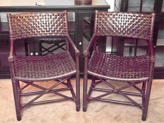 Pair of McGuire 'Antalya' Laced Rawhide In Dark Tobacca Finish Arm  Chairs