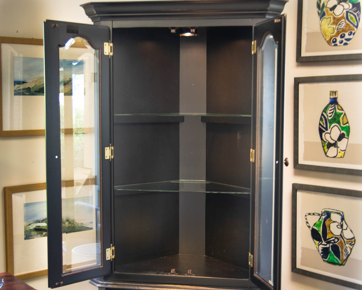 Canadel Black Distressed Corner Cabinet Featuring Glass Display Doors