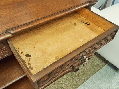 Carved Walnut Open Server with Drawers, Pewter Pulls and Two Shelves