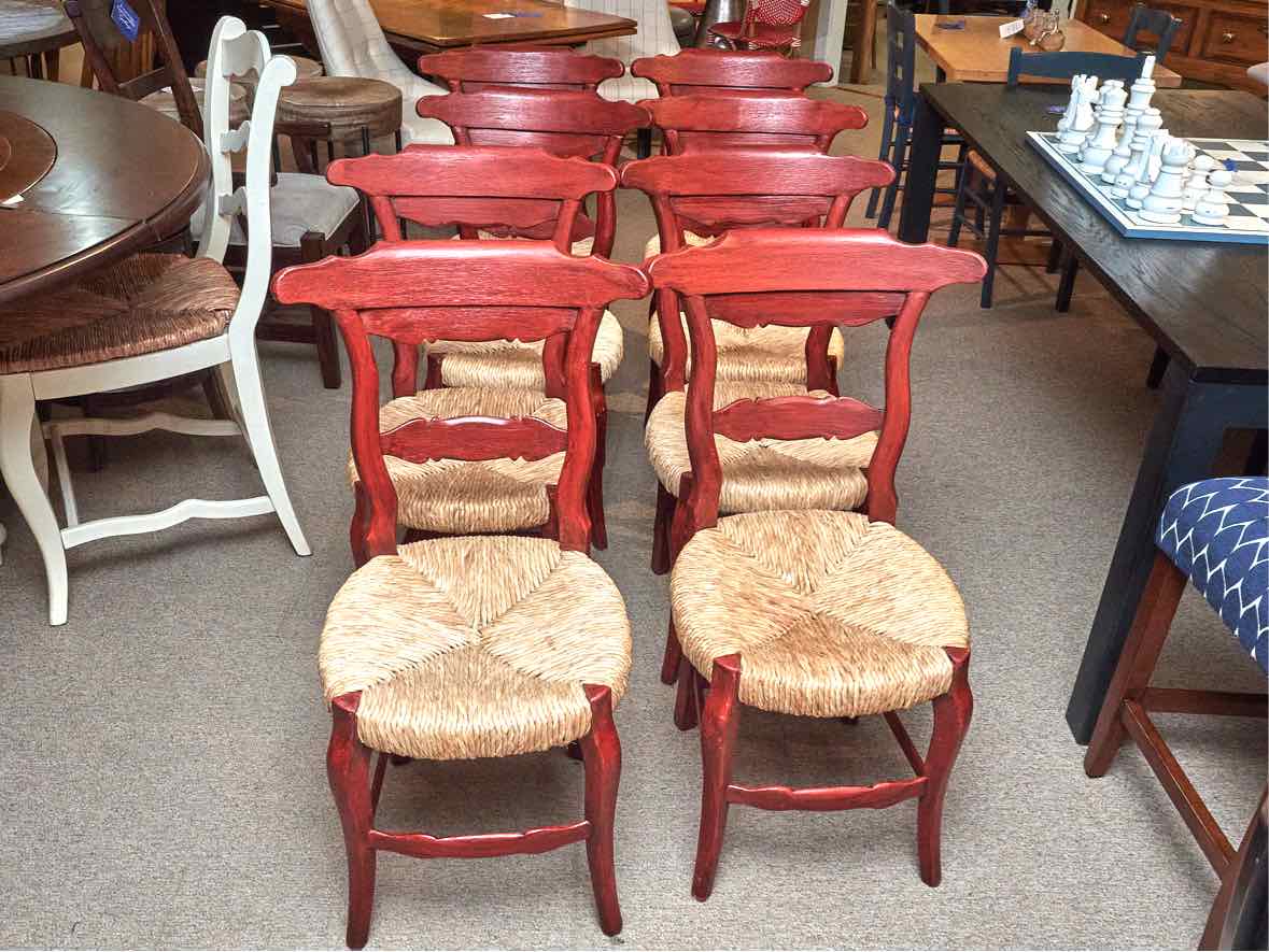 Set of 8 Red Finish Dining Chairs with Rush Seats