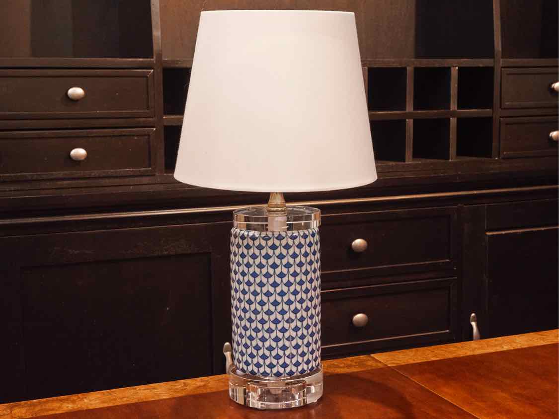 Blue & White Fishscale Table Lamp With Empire Off White Clip On Shade