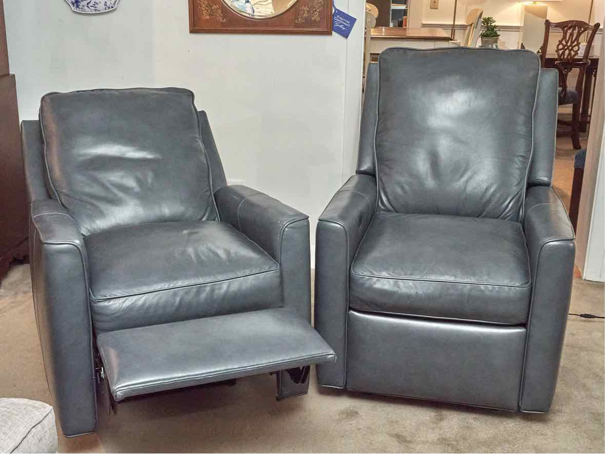 Pair Of  Bradington Young Gray  Leather Power Wall Hugger   Recliners