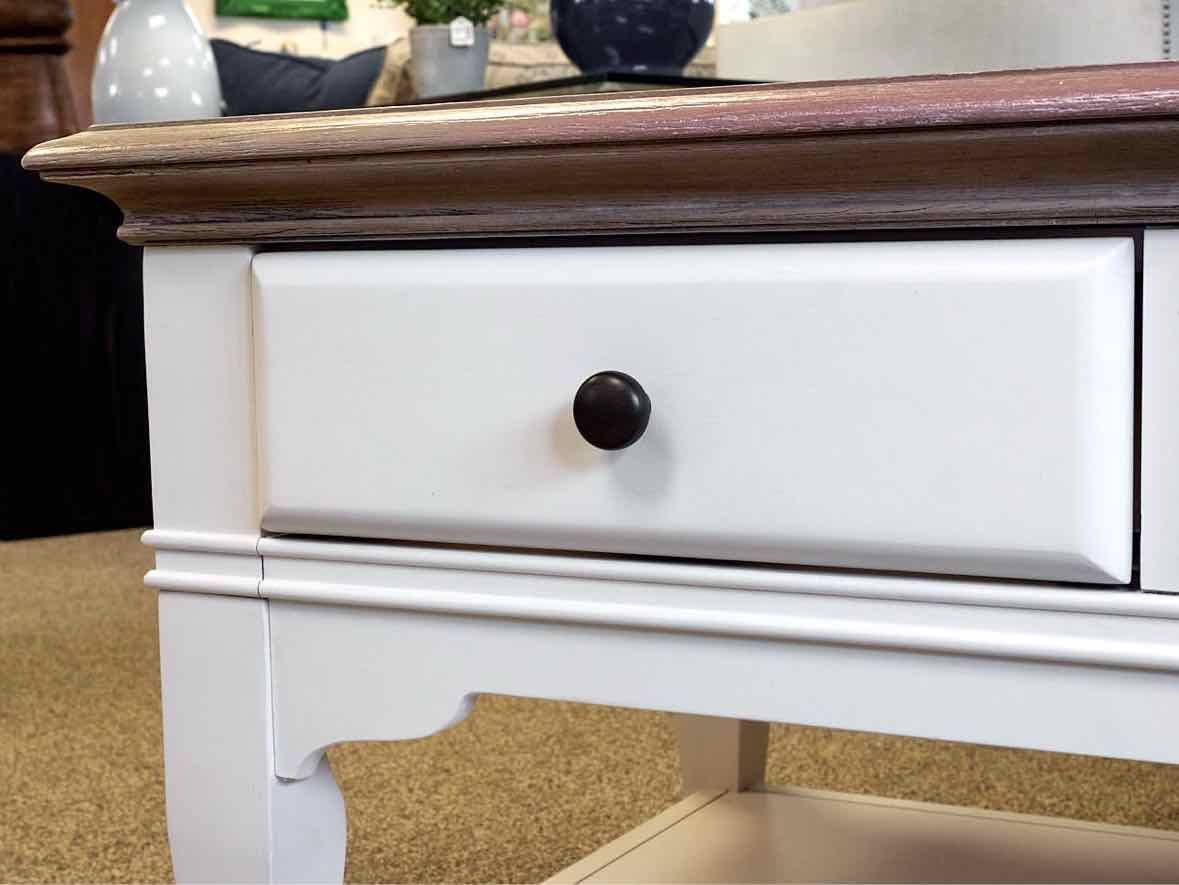 Cocktail Table on Casters with Driftwood Finish Top and White Base
