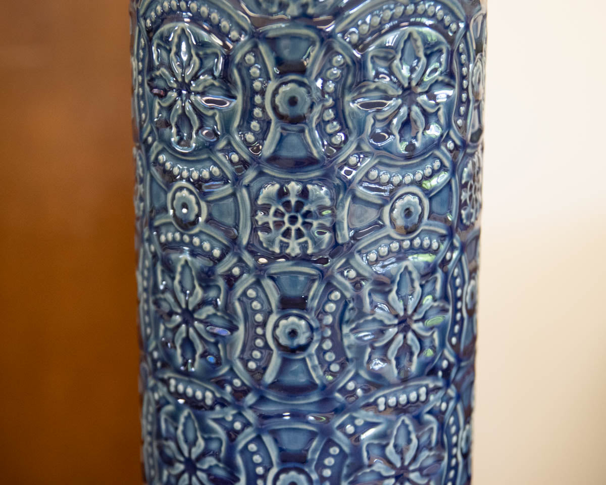 Pair of Embossed Blue Column Table Lamps with White Drum Shades